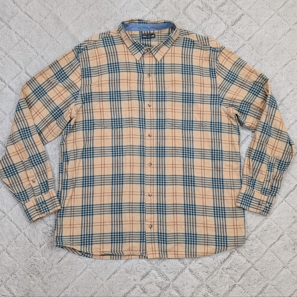 Toad & Co Shirt Mens XXL Beige Green Check Flannel Flannagan Long Sleeve Button